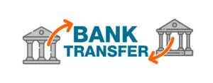 A bank transfer logo with an arrow pointing to the bottom.
